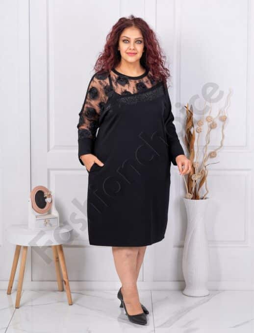 Plus size κομψό φόρεμα με φλοράλ τούλι διαγώνιο-μαύρο-κωδ 3832