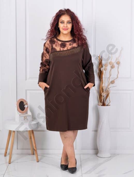 Plus size κομψό φόρεμα με φλοράλ τούλι διαγώνιο-καφέ-κωδ 3832-1