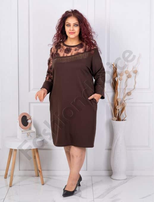 Plus size κομψό φόρεμα με φλοράλ τούλι διαγώνιο-καφέ-κωδ 3832-1