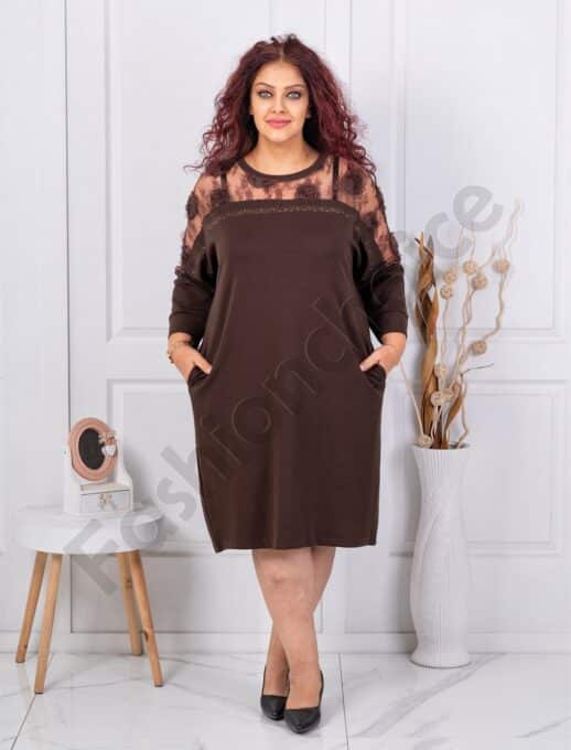 Plus size κομψό φόρεμα με φλοράλ τούλι-καφέ-κωδ 4001-1