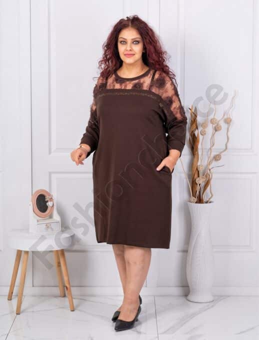 Plus size κομψό φόρεμα με φλοράλ τούλι-καφέ-κωδ 4001-1