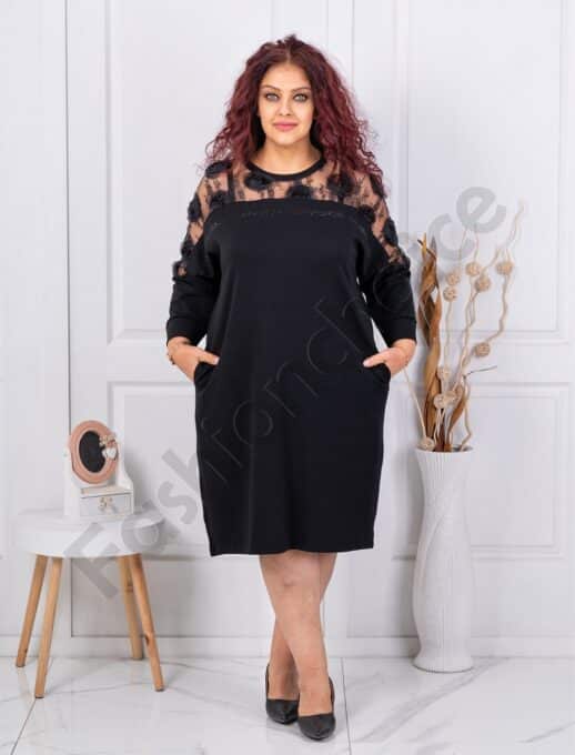 Plus size κομψό μαύρο φόρεμα με φλοράλ τούλι-μαύρο-κωδ 4001