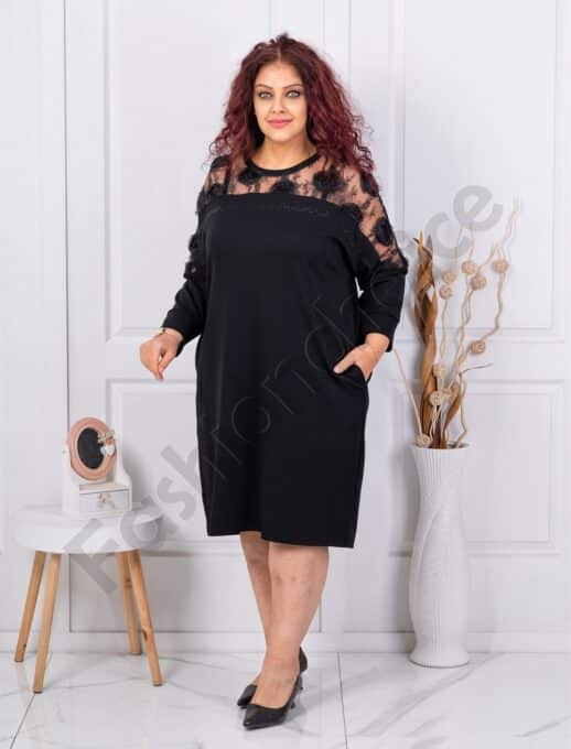 Plus size κομψό μαύρο φόρεμα με φλοράλ τούλι-μαύρο-κωδ 4001