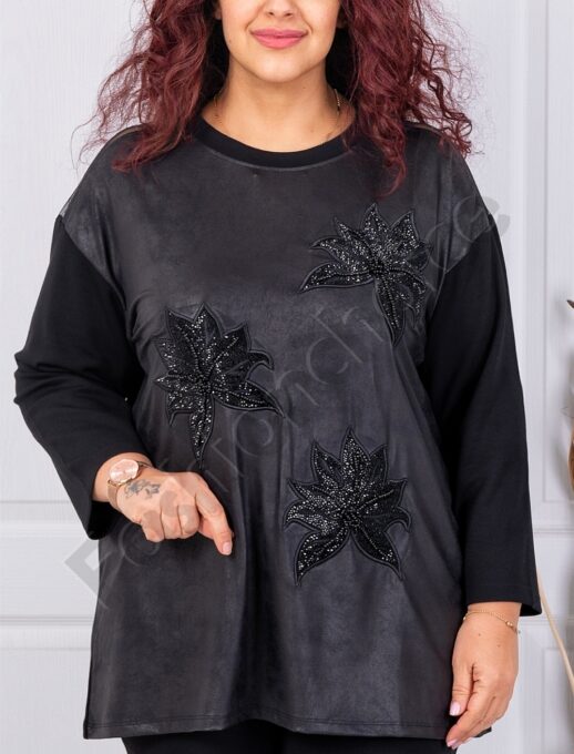 Plus size μπλούζα με απλικέ-μαύρο-κωδ 9088