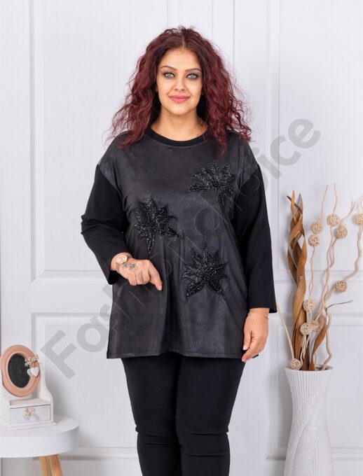 Plus size μπλούζα με απλικέ-μαύρο-κωδ 9088