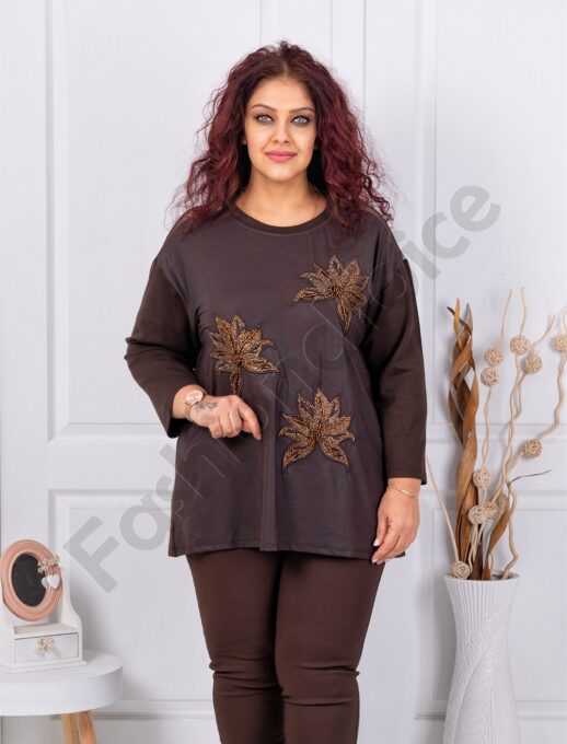 Plus size μπλούζα με απλικέ-καφέ-κωδ 9088-1