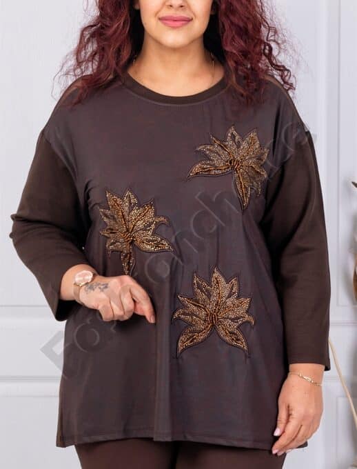 Plus size μπλούζα με απλικέ-καφέ-κωδ 9088-1