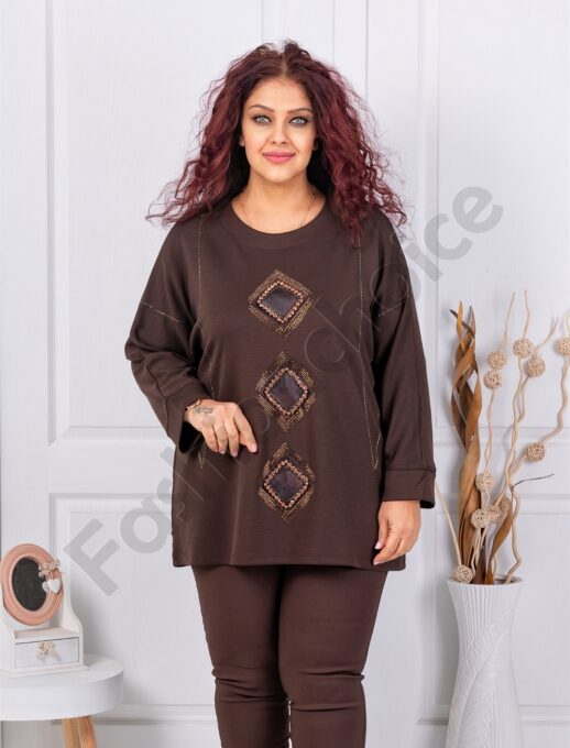 Plus size μπλούζα με απλικέ και στρας-καφέ-κωδ 9087-1