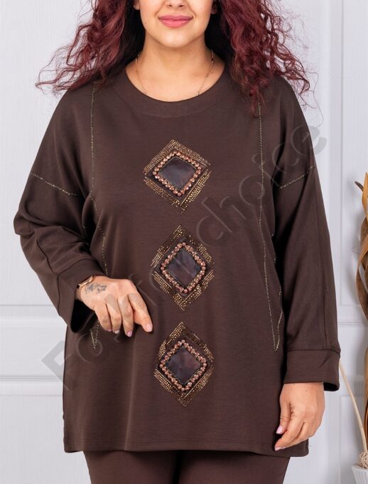 Plus size μπλούζα με απλικέ και στρας-καφέ-κωδ 9087-1