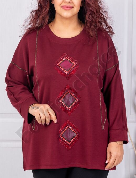 Plus size μπλούζα με απλικέ και στρας-μπορντό-κωδ 9087-2