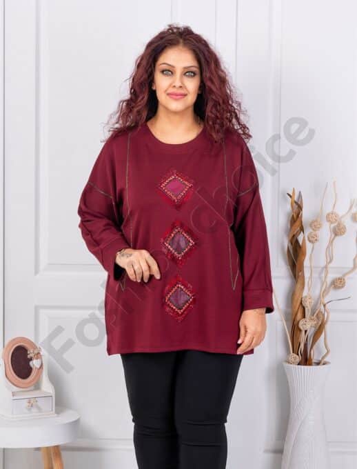 Plus size μπλούζα με απλικέ και στρας-μπορντό-κωδ 9087-2