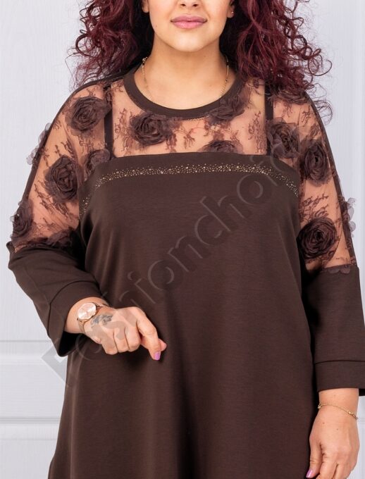 Plus size τουνίκ με φλοράλ τούλι-καφέ-κωδ 4000-1