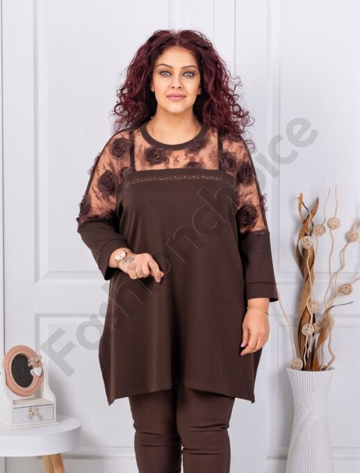 Plus size τουνίκ με φλοράλ τούλι-καφέ-κωδ 4000-1