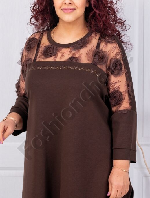Plus size τουνίκ με φλοράλ τούλι-καφέ-κωδ 4000-1