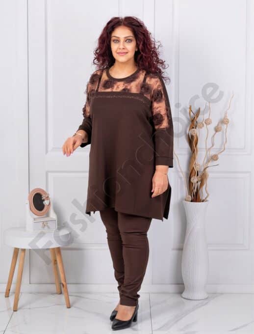 Plus size τουνίκ με φλοράλ τούλι-καφέ-κωδ 4000-1