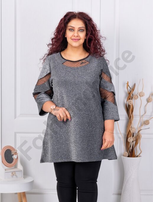 Plus size γυαλιστερή τουνίκ με τούλι-ασημί-κωδ 1429-5