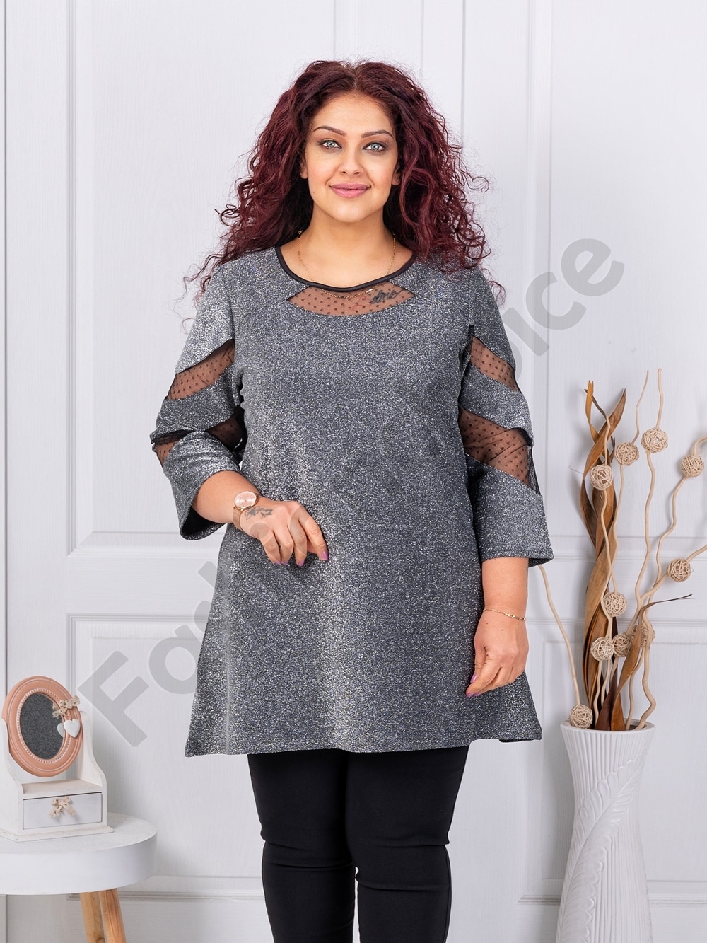 Plus size γυαλιστερή τουνίκ με τούλι-ασημί-κωδ 1429-5