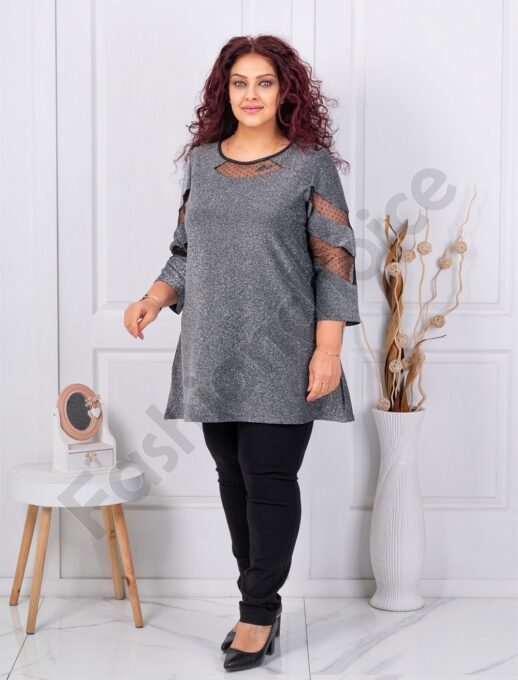 Plus size γυαλιστερή τουνίκ με τούλι-ασημί-κωδ 1429-5
