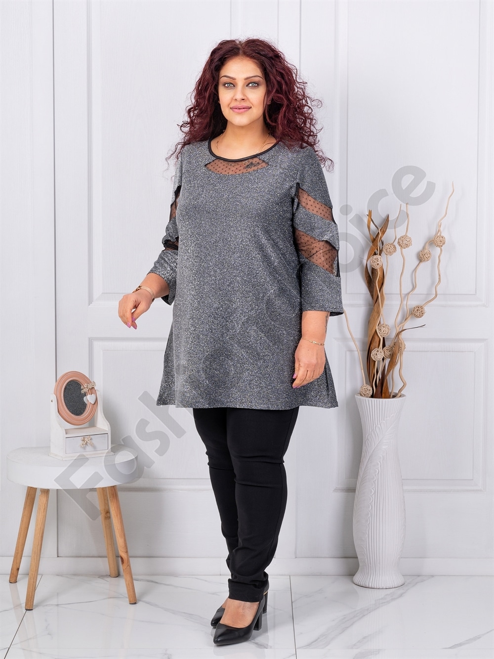 Plus size γυαλιστερή τουνίκ με τούλι-ασημί-κωδ 1429-5
