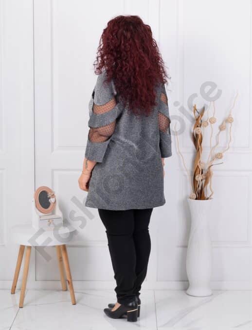 Plus size γυαλιστερή τουνίκ με τούλι-ασημί-κωδ 1429-5
