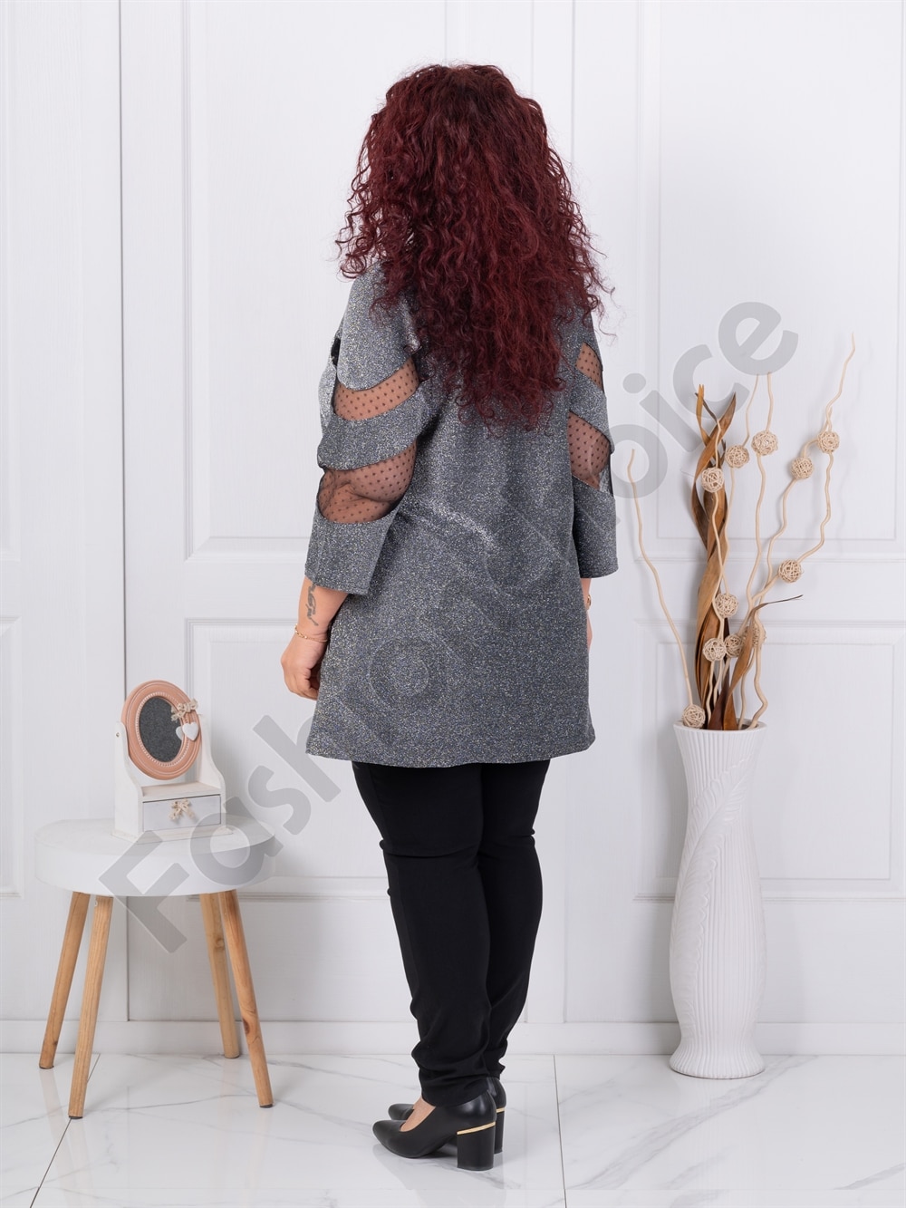 Plus size γυαλιστερή τουνίκ με τούλι-ασημί-κωδ 1429-5