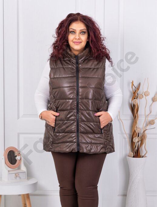 Plus size καπιτονέ αμάνικο μπουφάν-καφέ-κωδ 034-2