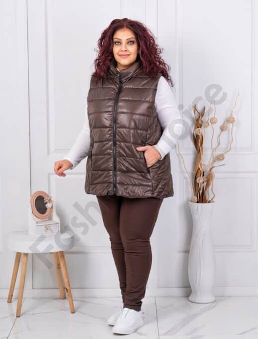 Plus size καπιτονέ αμάνικο μπουφάν-καφέ-κωδ 034-2