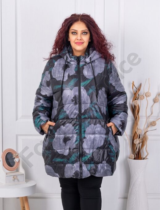 Plus size μπουφάν με παπαρούνες-γκρι-κωδ 63059-1
