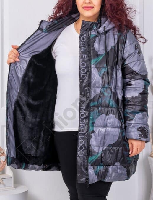 Plus size μπουφάν με παπαρούνες-γκρι-κωδ 63059-1