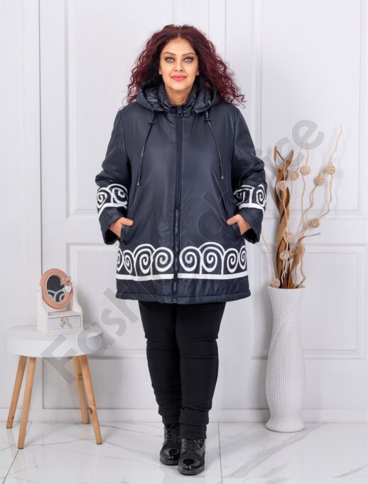 Plus size μπουφάν με τύπωμα και στρας-σκούρο μπλε-κωδ 63182-1