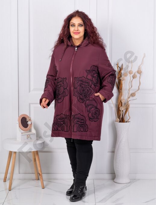 Plus size μπουφάν με κέντημα και χάντρες-μπορντό-κωδ 71393