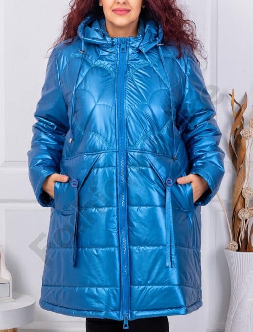 Plus size καπιτονέ μπουφάν με κουκούλα-μπλε-κωδ 71368-1