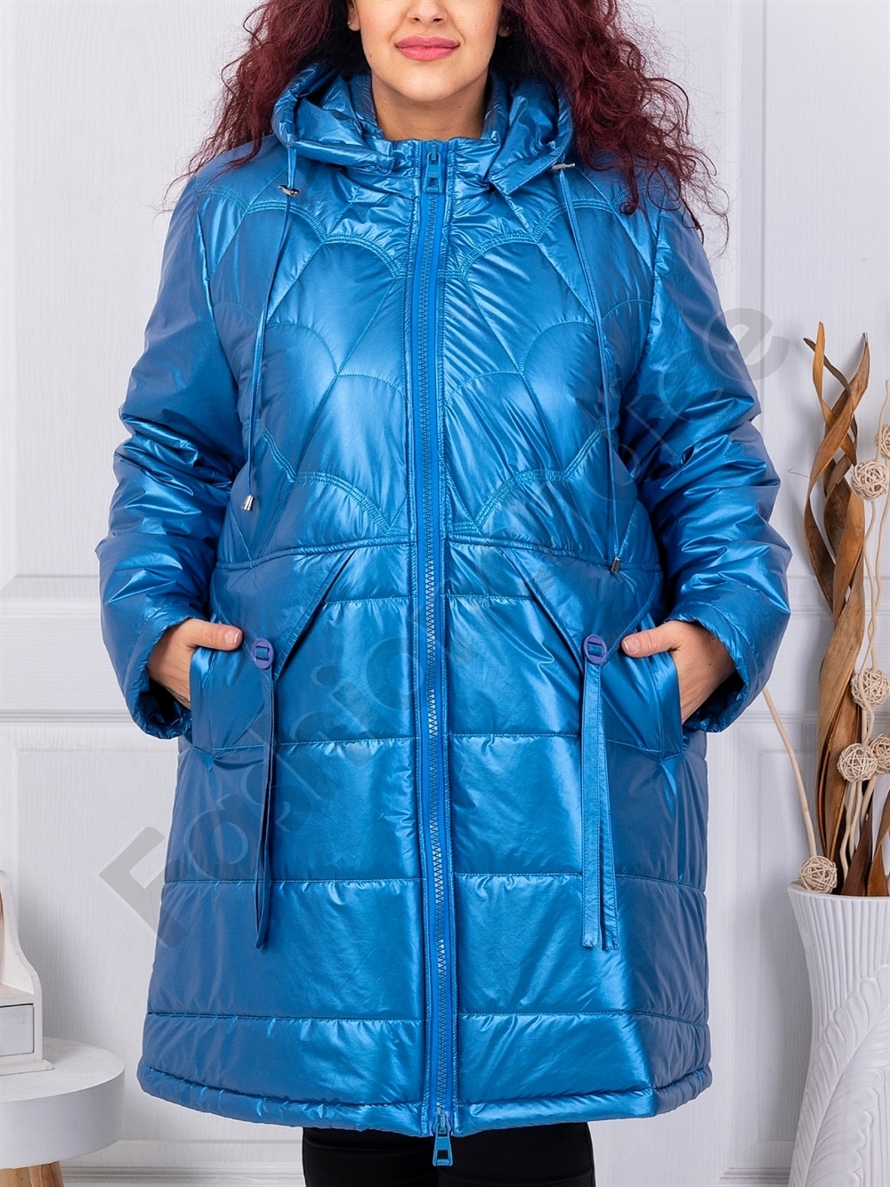 Plus size καπιτονέ μπουφάν με κουκούλα-μπλε-κωδ 71368-1