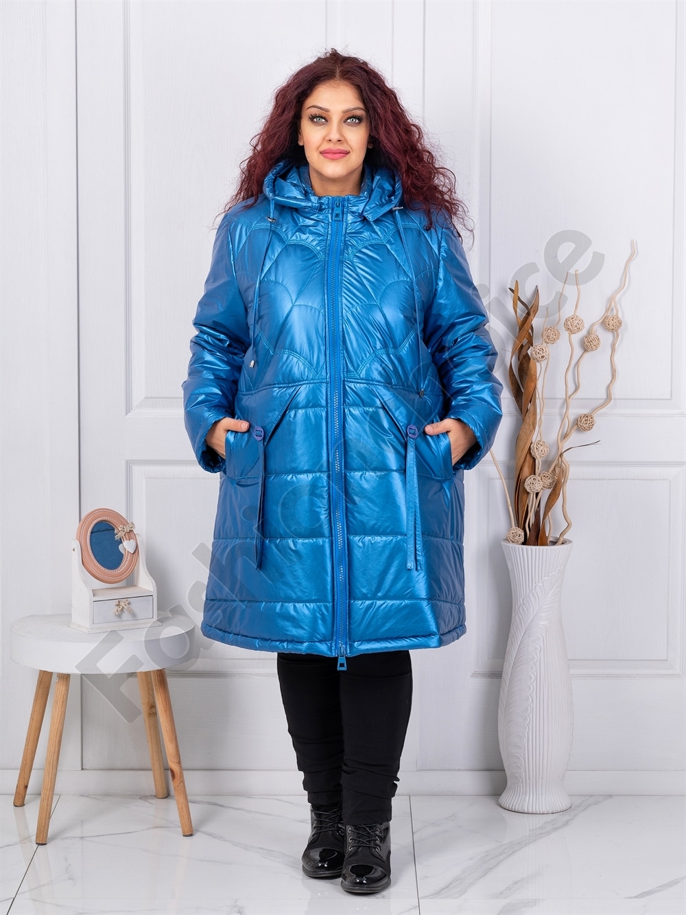 Plus size καπιτονέ μπουφάν με κουκούλα-μπλε-κωδ 71368-1