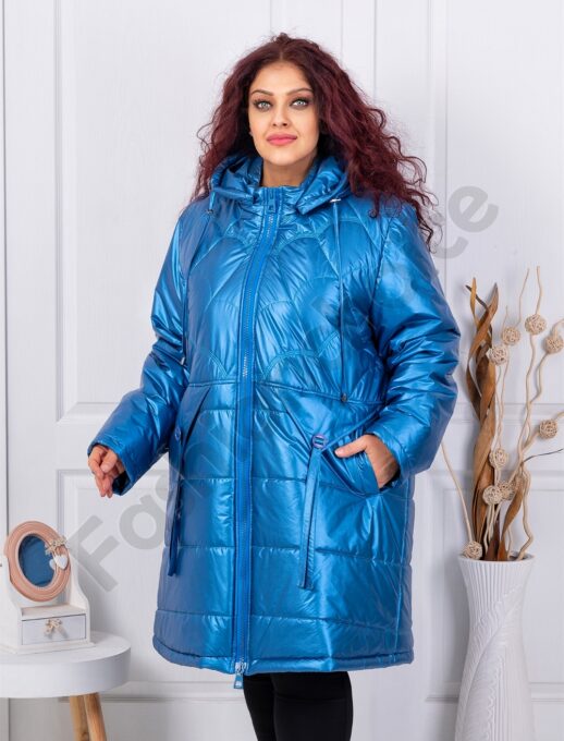 Plus size καπιτονέ μπουφάν με κουκούλα-μπλε-κωδ 71368-1