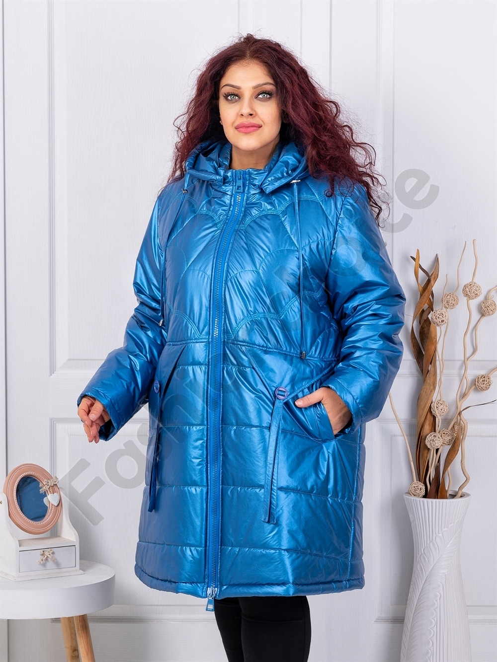 Plus size καπιτονέ μπουφάν με κουκούλα-μπλε-κωδ 71368-1