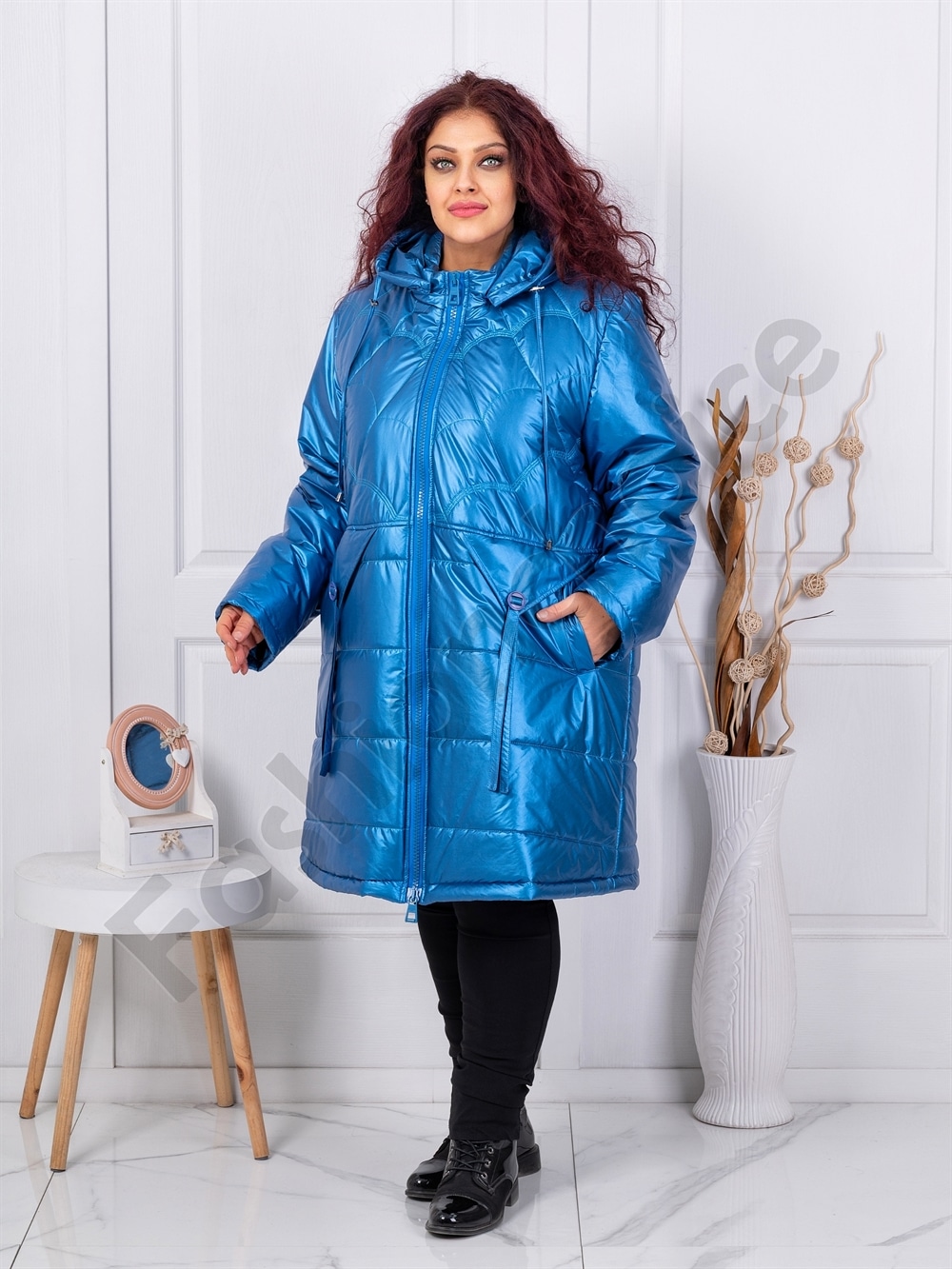 Plus size καπιτονέ μπουφάν με κουκούλα-μπλε-κωδ 71368-1