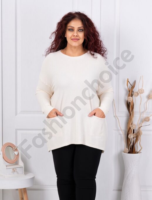 Plus size πλεκτή μπλούζα με τσέπες-εκρού-κωδ 1922-3