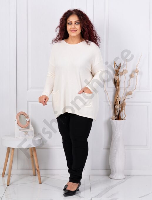 Plus size πλεκτή μπλούζα με τσέπες-εκρού-κωδ 1922-3