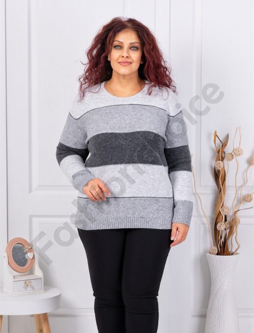 Plus size πλεκτή μπλούζα με ρίγες και παγιέτες-γκρι-κωδ 85666