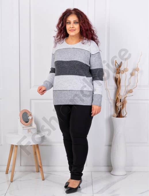 Plus size πλεκτή μπλούζα με ρίγες και παγιέτες-γκρι-κωδ 85666