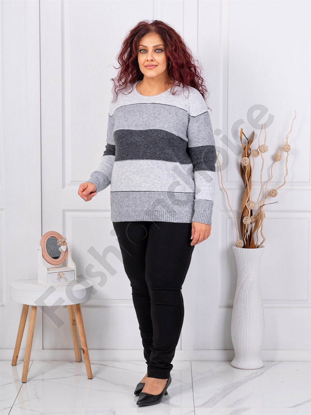 Plus size πλεκτή μπλούζα με ρίγες και παγιέτες-γκρι-κωδ 85666