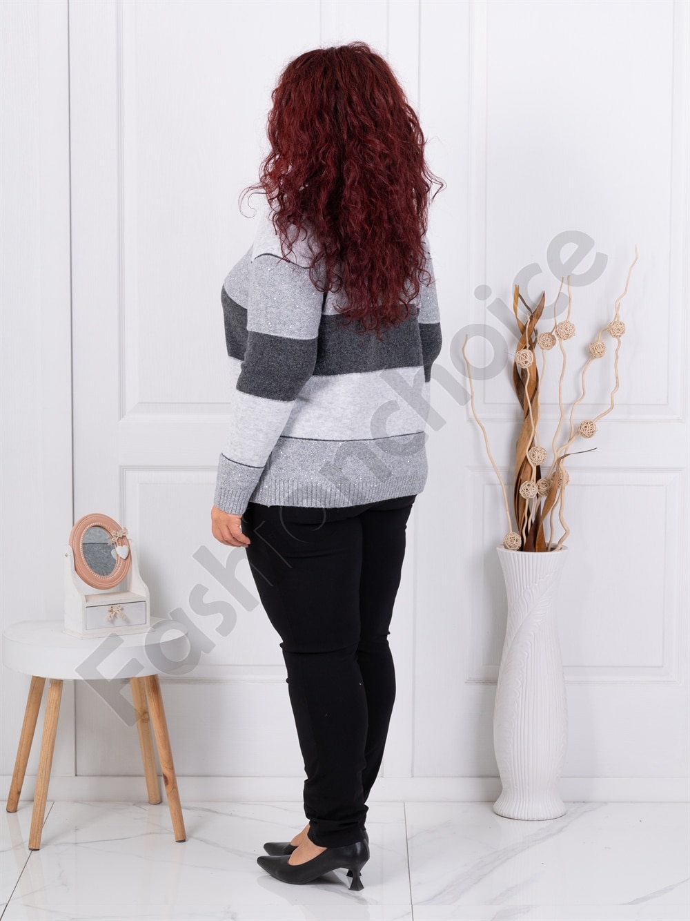 Plus size πλεκτή μπλούζα με ρίγες και παγιέτες-γκρι-κωδ 85666