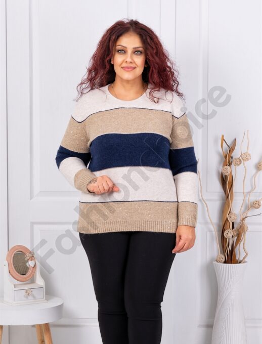 Plus size πλεκτή μπλούζα με ρίγες και παγιέτες-μπεζ/μπλε-κωδ 85666-3