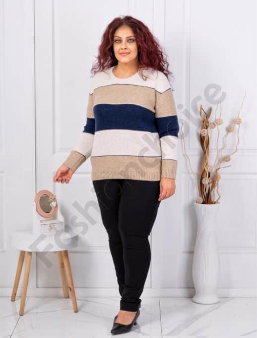 Plus size πλεκτή μπλούζα με ρίγες και παγιέτες-μπεζ/μπλε-κωδ 85666-3