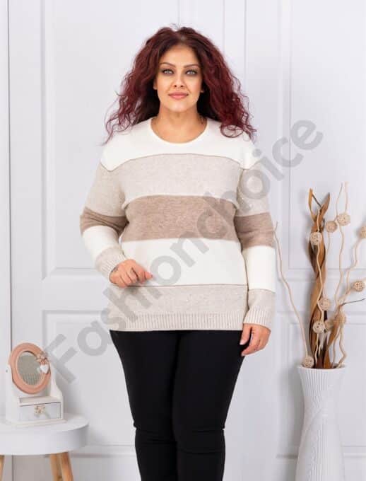 Plus size πλεκτή μπλούζα με ρίγες και παγιέτες-μπεζ-κωδ 85666-2