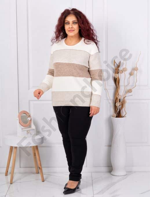Plus size πλεκτή μπλούζα με ρίγες και παγιέτες-μπεζ-κωδ 85666-2