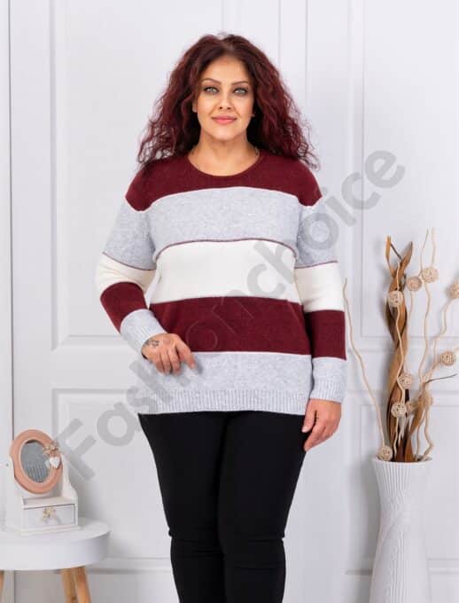 Plus size πλεκτή μπλούζα με ρίγες και παγιέτες-γκρι/μπορντό-κωδ 85666-1