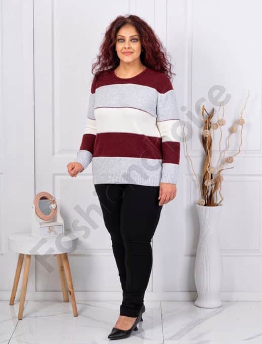 Plus size πλεκτή μπλούζα με ρίγες και παγιέτες-γκρι/μπορντό-κωδ 85666-1