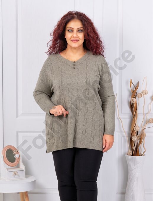 Plus size πλεκτή V μπλούζα με ανάγλυφο σχέδιο-χακί-κωδ 1986-3
